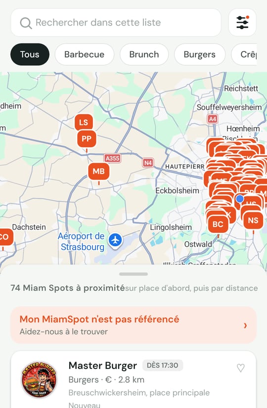 The Miam Spot app's map, showing the food trucks open nearby